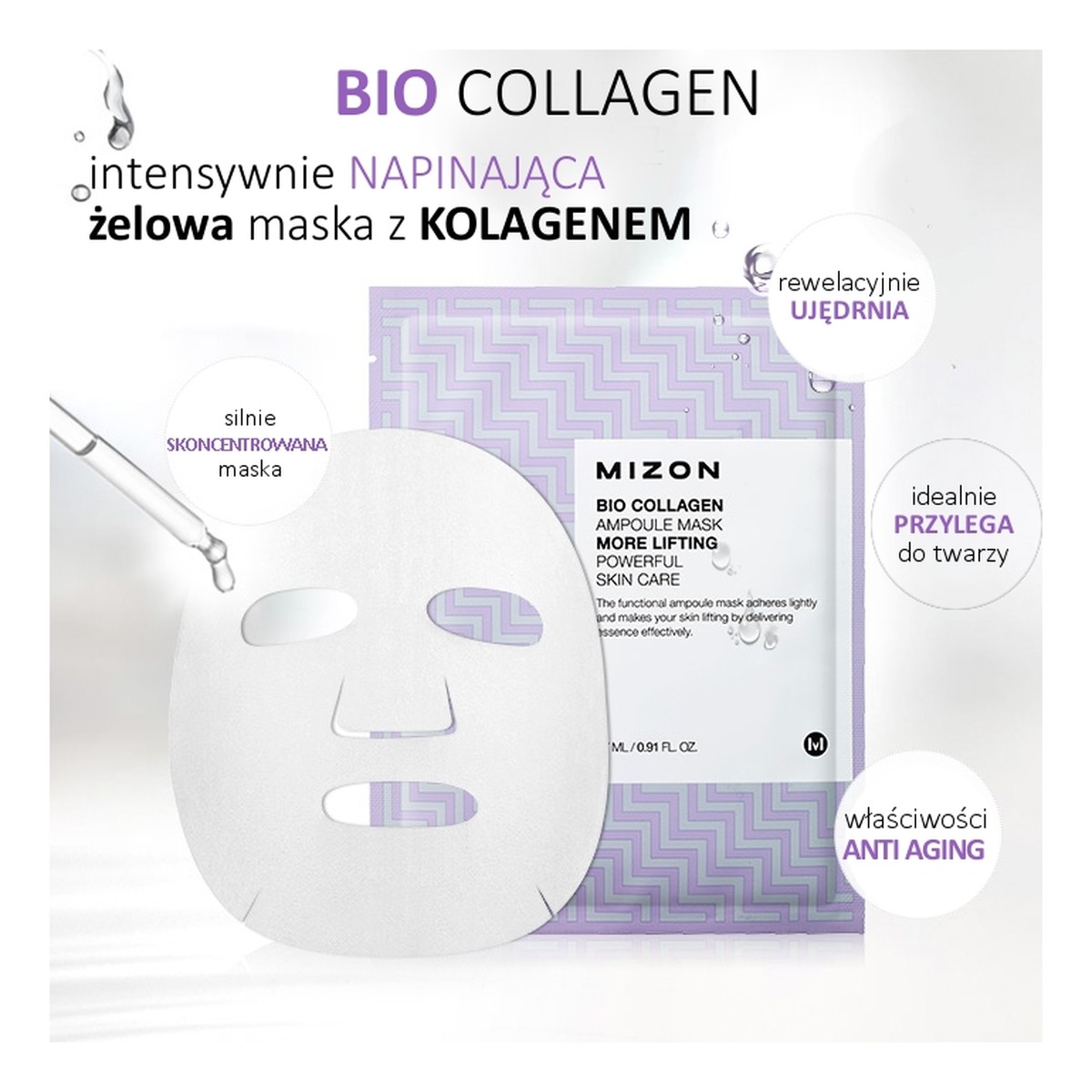 Mizon Bio Collagen Ampoule Mask Silnie Skoncentrowana Liftingująca Maska Do Twarzy Z Kolagenem 27ml