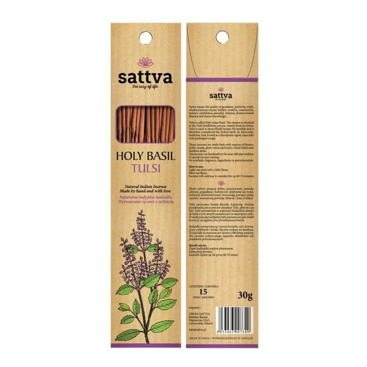 Sattva Naturalne Indyjskie Kadzidła Wytwarzane Ręcznie Z Miłością Tulsi 15szt 30g