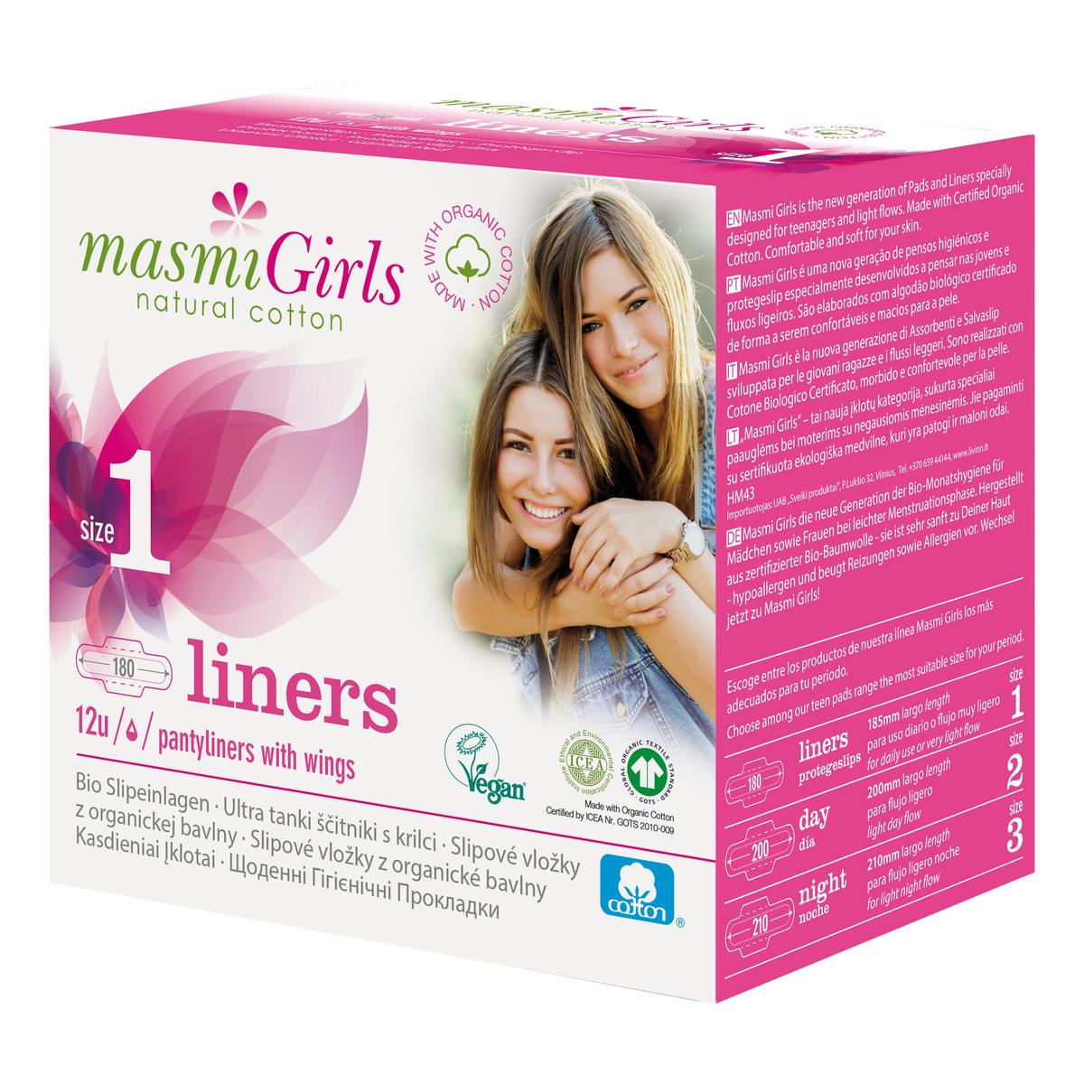 MASMI Girls wkładki higieniczne 100% bawełny organicznej 12 szt
