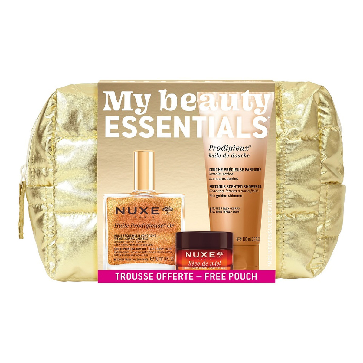 Nuxe My Beauty Essentials zestaw olejek ze złotymi drobinami 50ml + olejek pod prysznic 100ml + balsam do ust 15g