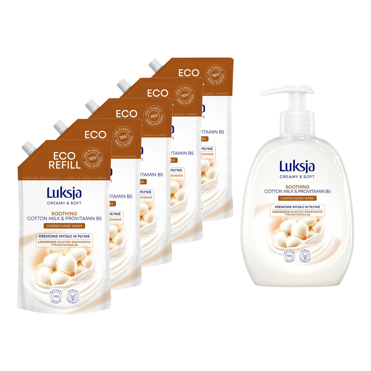 Luksja Creamy & Soft Łagodzące Kremowe Mydło w płynie Mleczko Bawełniane i Prowitamina B5 500ml + zapas 5x900ml