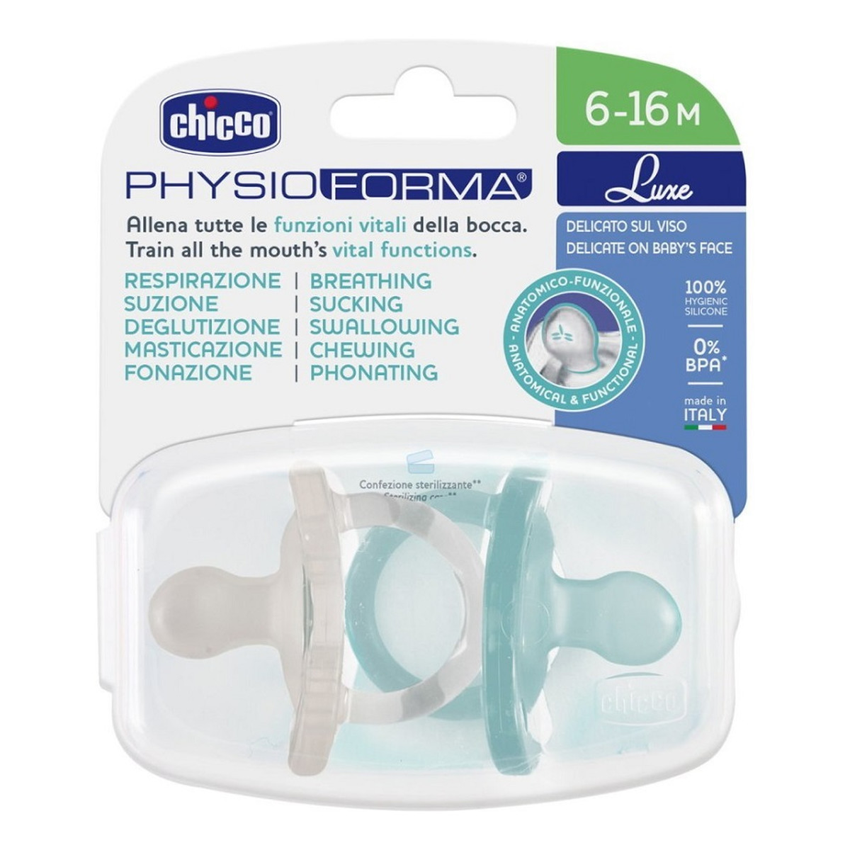 Chicco PhysioForma Luxe smoczek silikonowy uspokajający 6-16m Miętowy 2szt.