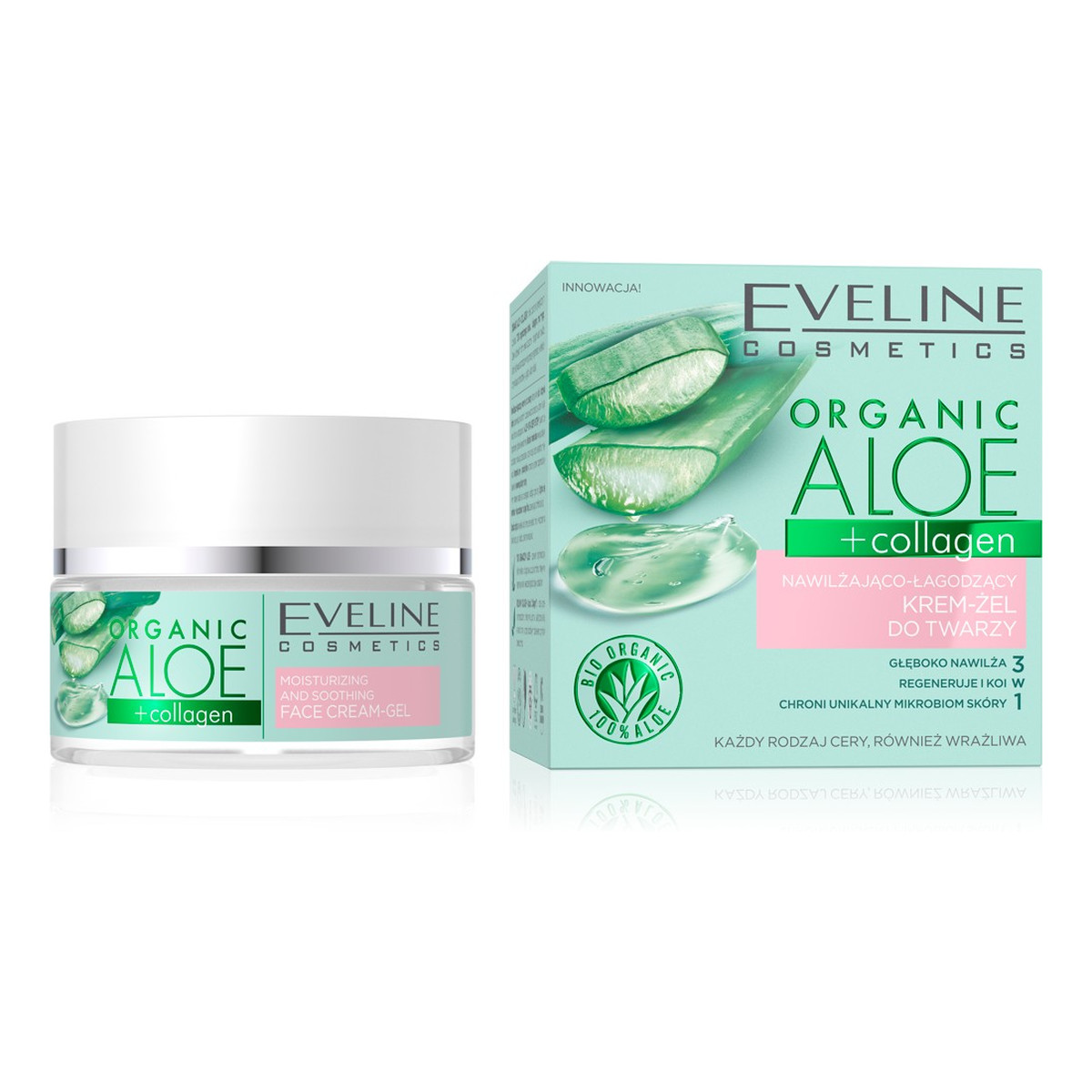 Eveline Organic Aloe + Collagen Nawilżająco - Łagodzący Krem-żel do twarzy 3w1 - cera każdego rodzaju 50ml