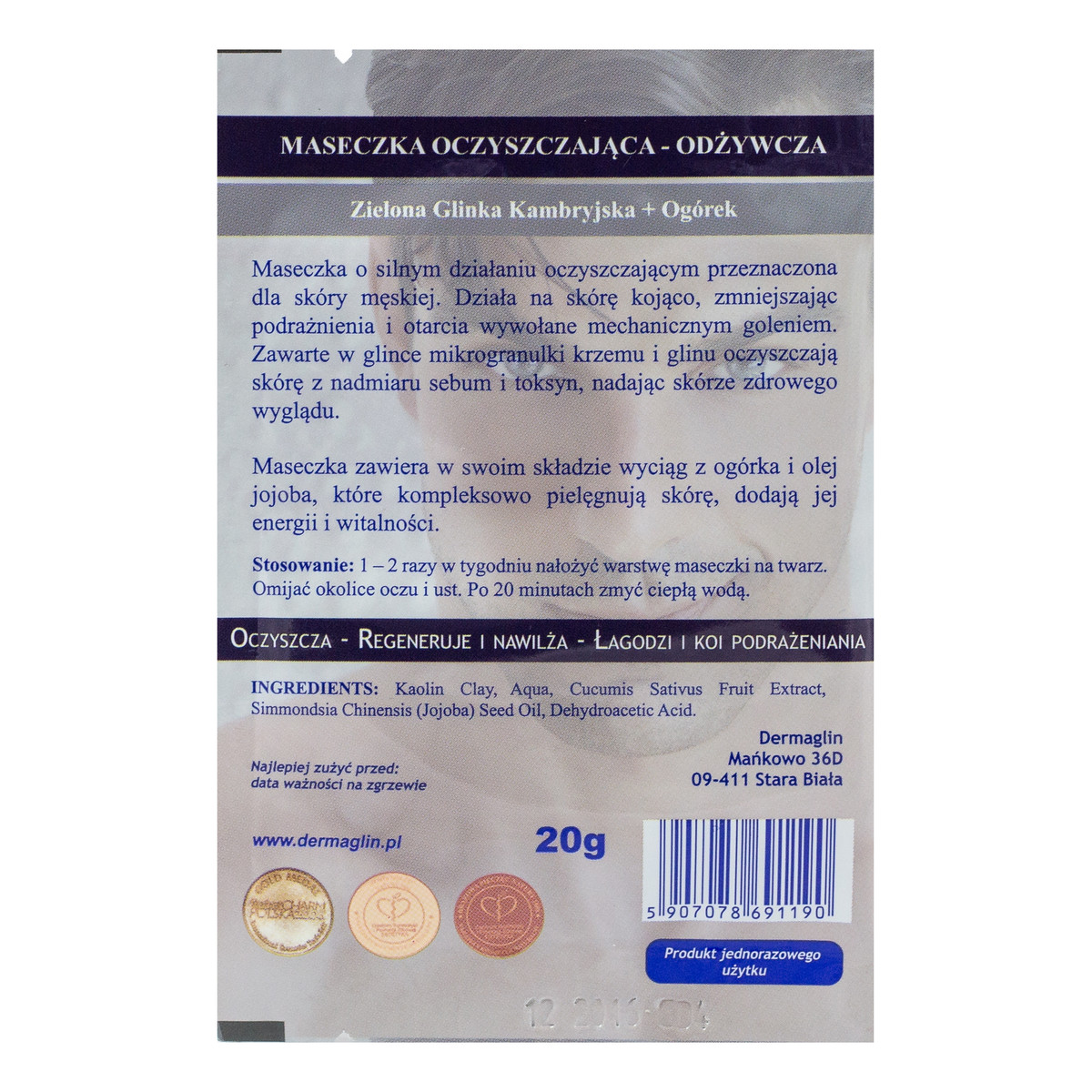 Dermaglin For Men BIO Maseczka Oczyszczająco-Odżywcza Dla Mężczyzn 20g