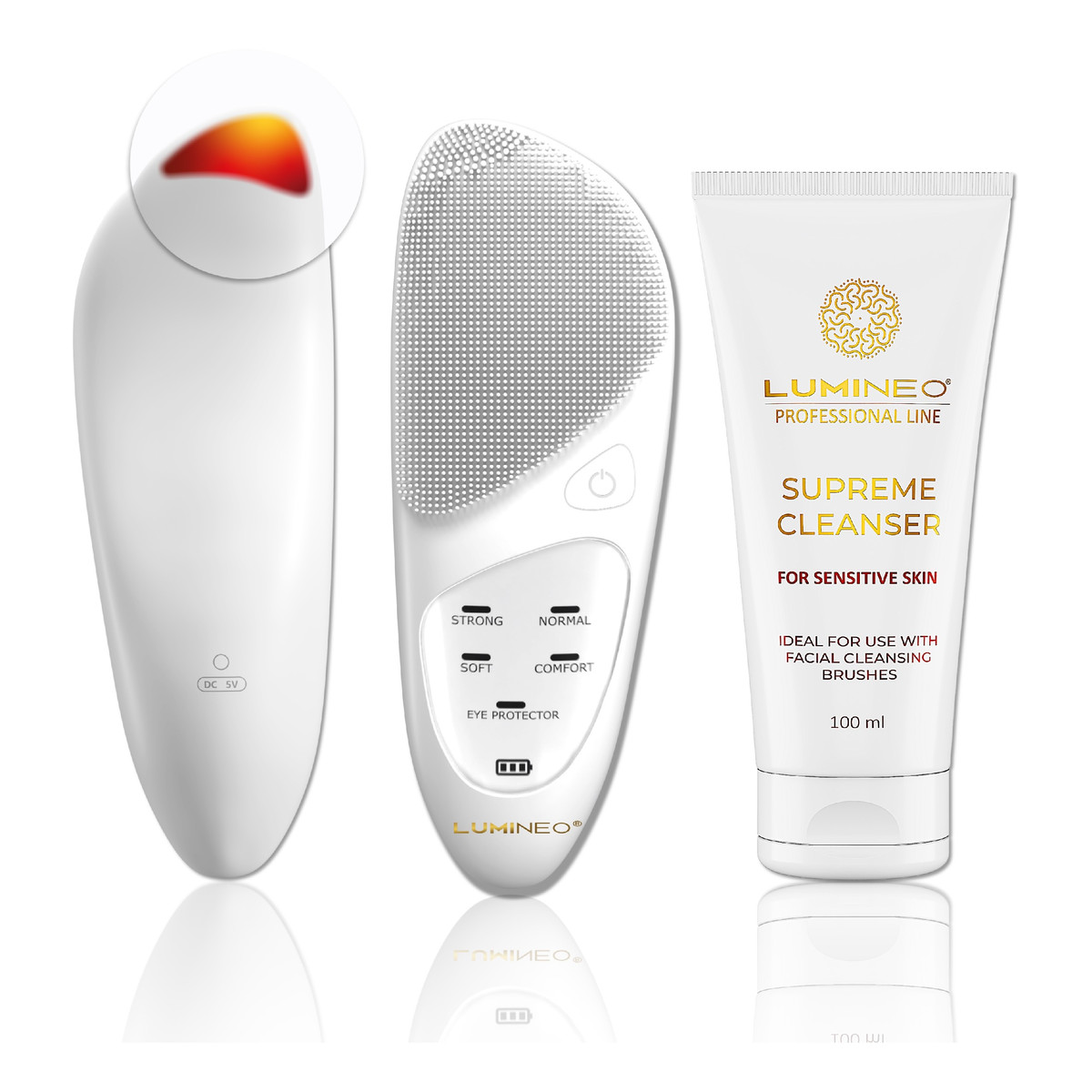 Lumineo Professional line szczoteczka do twarzy sonic thermo brush + Żel lumineo do skóry delikatnej i wrażliwej
