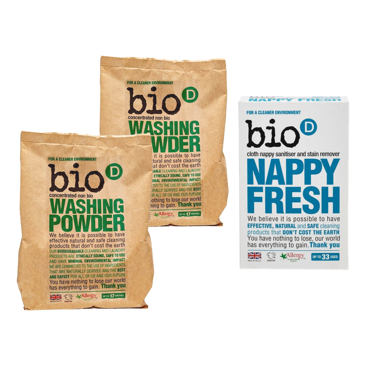 Bio-D Skoncentrowany hipoalergiczny niebiologiczny proszek do prania 2x1kg + Nappy Fresh 0,5kg