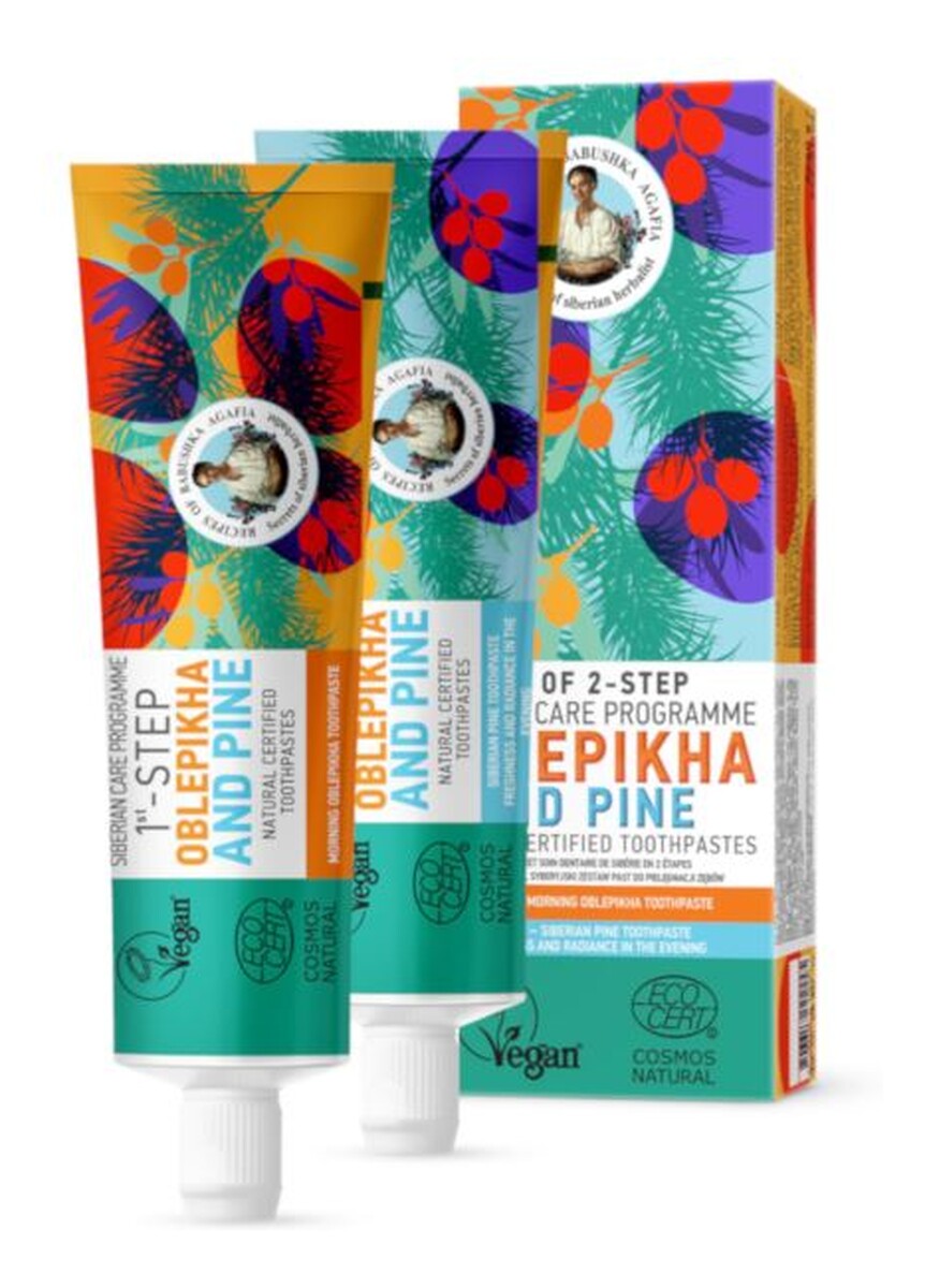 Dwuetapowy syberyjski zestaw certyfikowanych past do zębów - Rokitnik i Sosna - Bez fluoru 2x60g