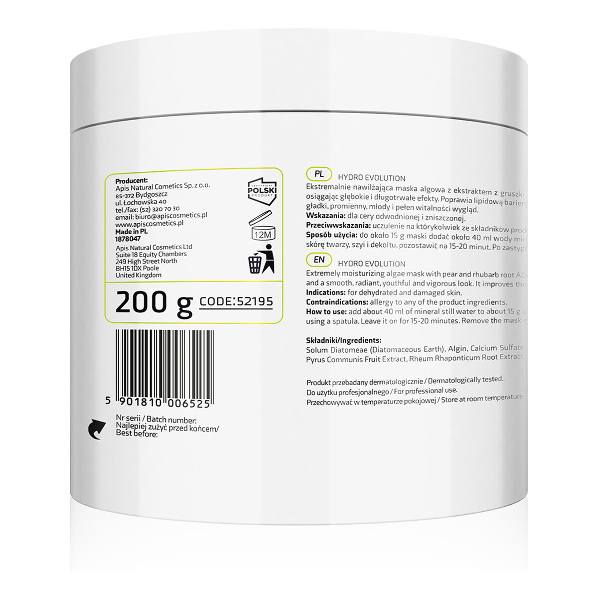 Apis Hydro Evolution ekstremalnie nawilżająca maska algowa z gruszką i rabarbarem AQUAXTREM™ 200g