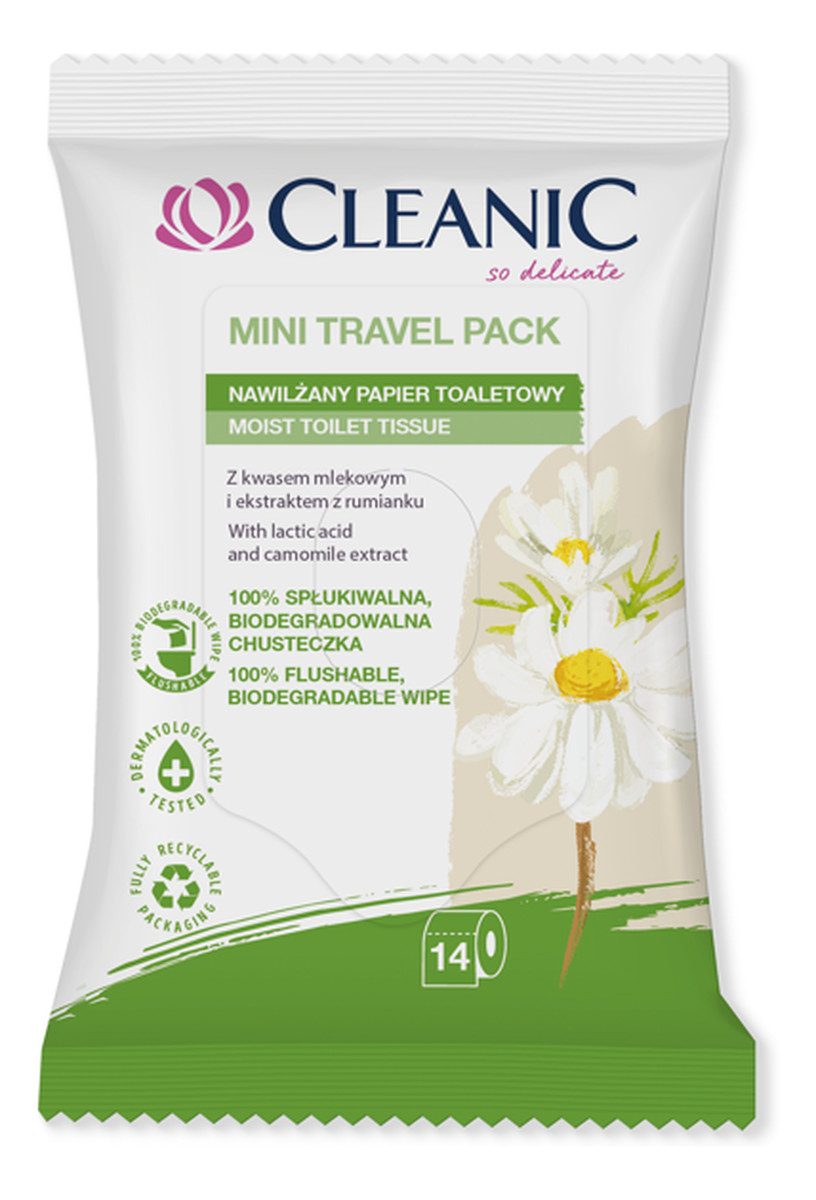 Mini Travel Pack Nawilżany papier toaletowy z kwasem mlekowym i ekstraktem z rumianku 14 szt.
