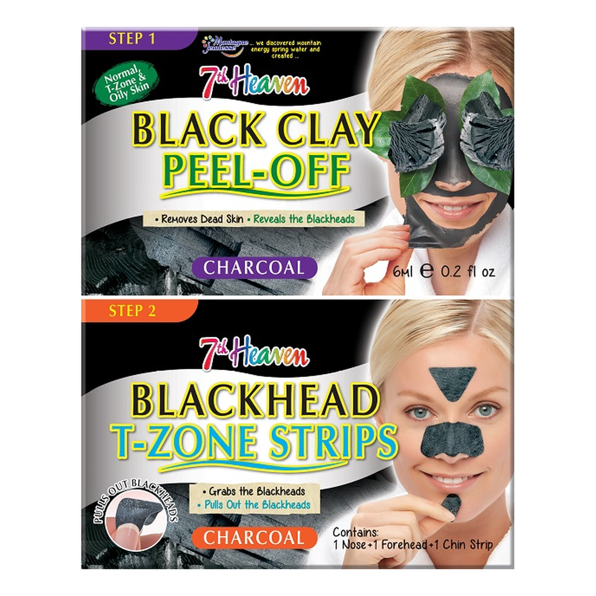 7th Heaven Charcoal Duo Black Clay Peel Off Węglowa maseczka do twarzy Black Clay + Blackhead T-Zone Strips paski na nos, brodę i czoło niwelujące zaskórniki