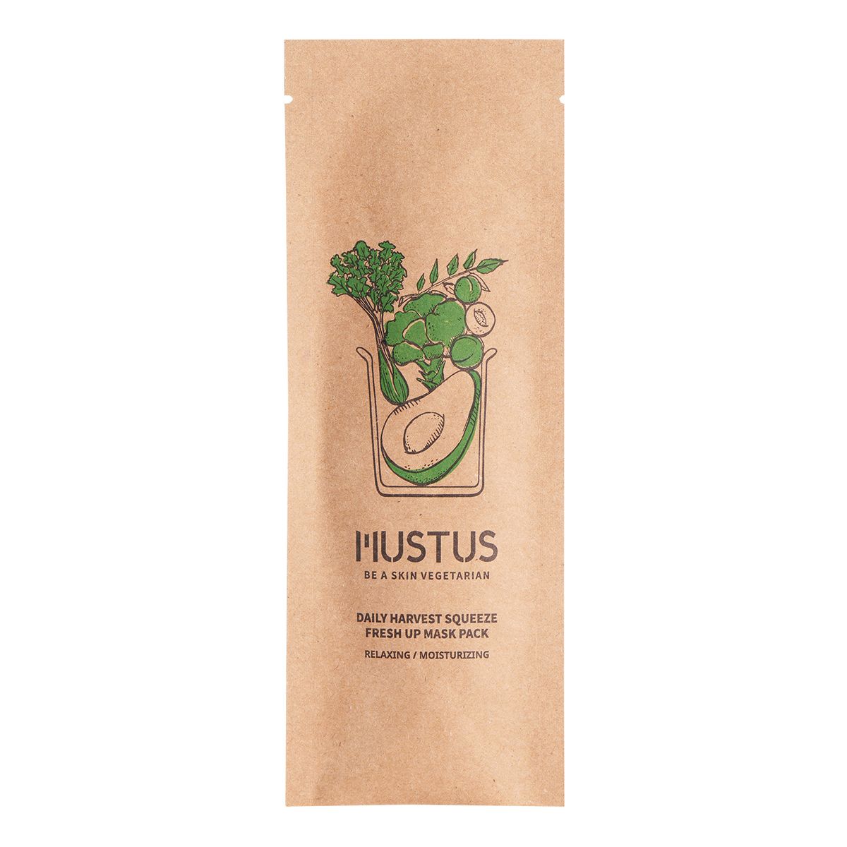 Mustus BE A SKIN VEGETARIAN! Daily Harvest Squeeze Fresh Up Maseczka w płachcie kojąco nawilżająca, stworzona na bazie kompleksu ekstraktów z zielonych warzyw i owoców 20g