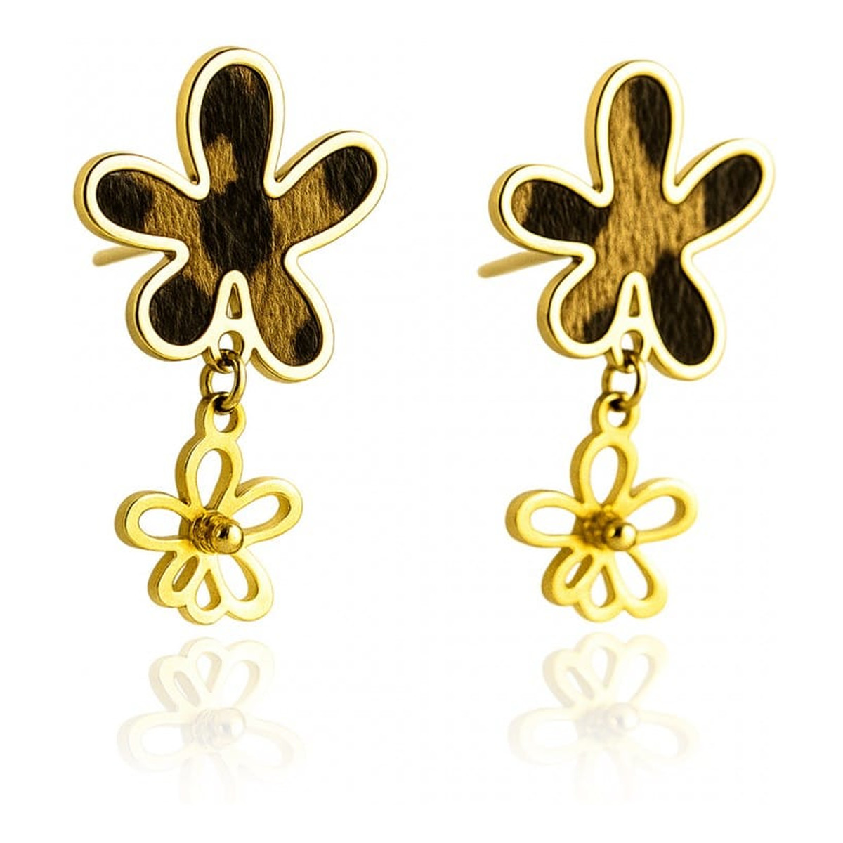 Ecarla Kolczyki ze stali szlachetnej pozłacane 14k złotem, panterka i kwiaty KST3445 4g