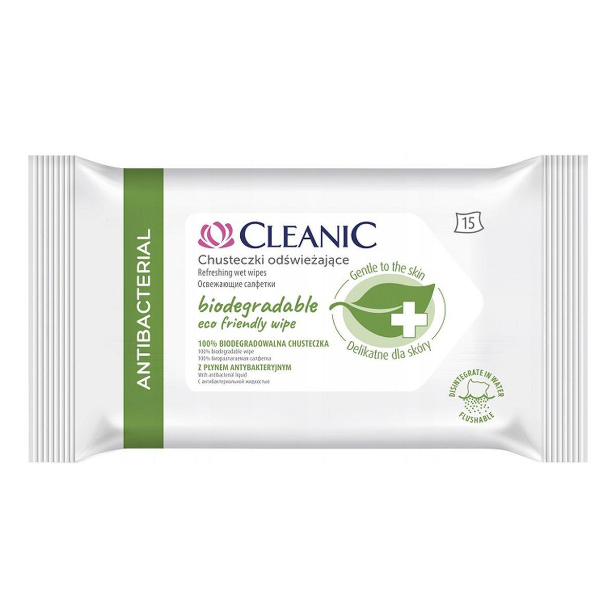 Cleanic Antibacterial Biodegradowalne chusteczki odświeżające z płynem antybakteryjnym 15 szt.