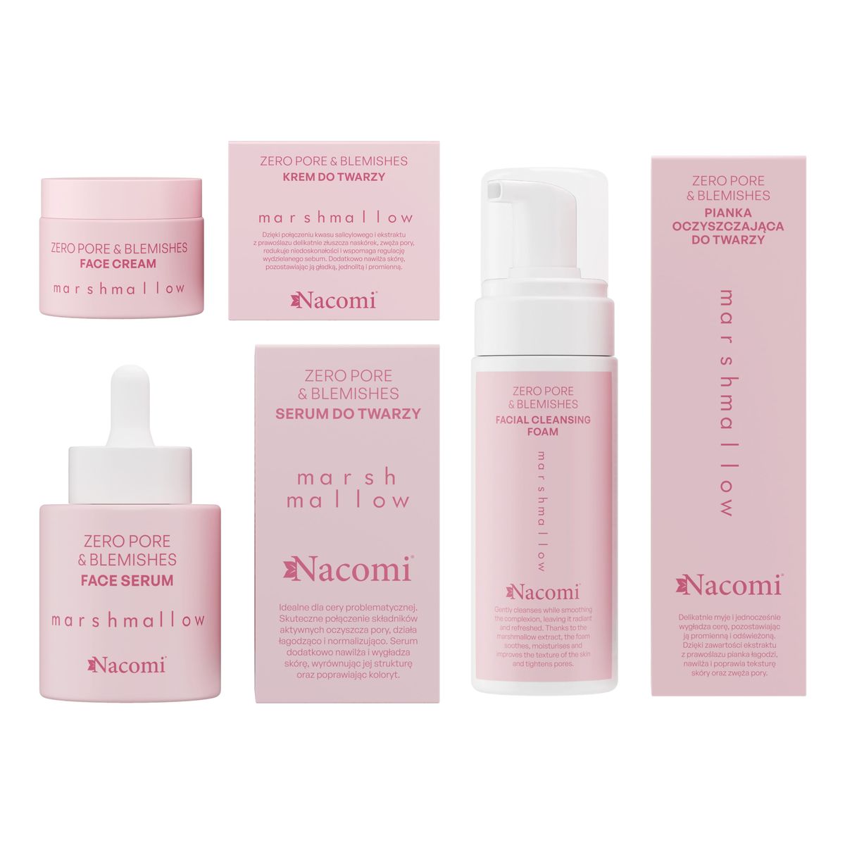 Nacomi Zero pore & blemishes Marshmallow Krem do twarzy + Serum + Pianka do oczyszczania