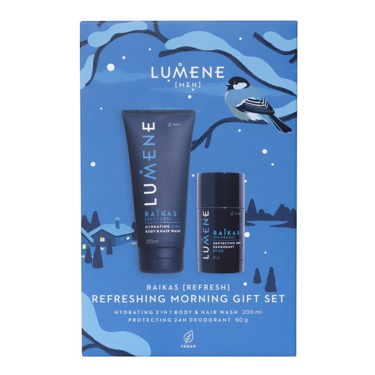 Lumene Men Raikas Refreshing Morning Zestaw hydrating 2in1 body hair wash żel pod prysznic 200ml + protecting 24h deodorant stick dezodorant w sztyfcie 60g