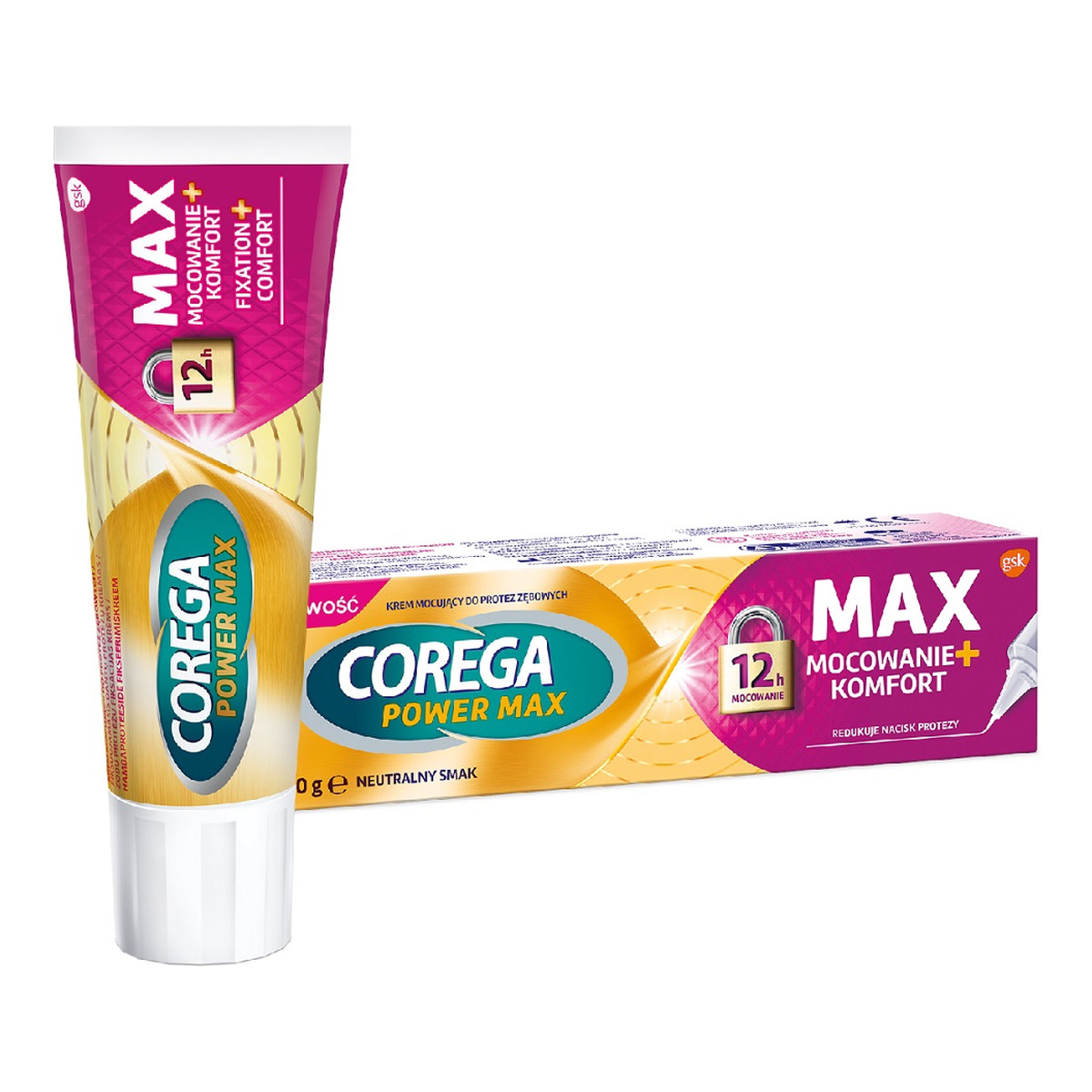 Corega Power Max Mocowanie + Komfort Krem mocujący do protez zębowych o neutralnym smaku 40g