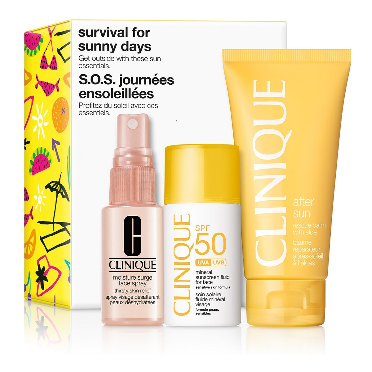 Clinique Survival For Sunny Days zestaw Moisture Surge Face Spray 30ml + SPF50 Mineral Sunscreen Fluid For Face 30ml + After Sun Rescue Balm With Aloe