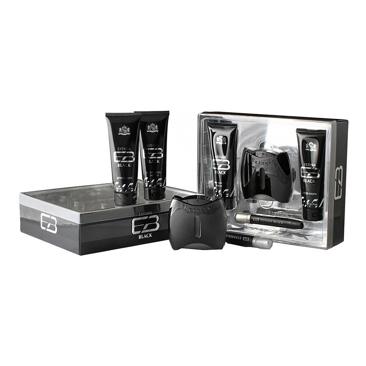 New Brand Extasia Black Zestaw woda toaletowa spray 100ml + balsam po goleniu 130ml + żel pod prysznic 130ml + woda toaletowa spray 15ml