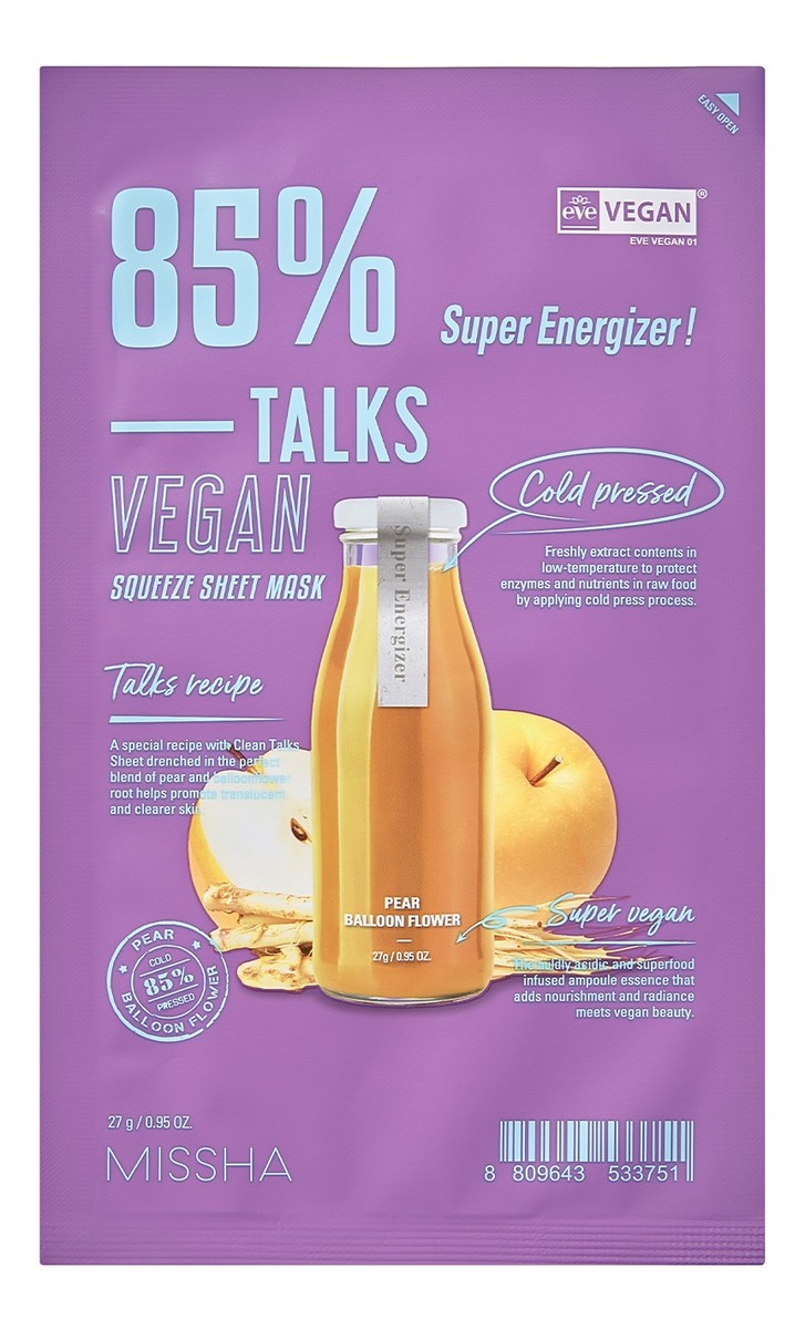 Talks vegan squeeze sheet mask odżywczo-rozświetlająca maseczka w płachcie dla skóry matowej super energizer