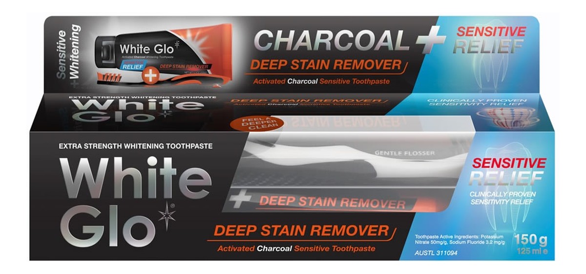Charcoal deep stain remover sensitive relief wybielająca pasta do zębów z aktywnym węglem 125ml + szczoteczka