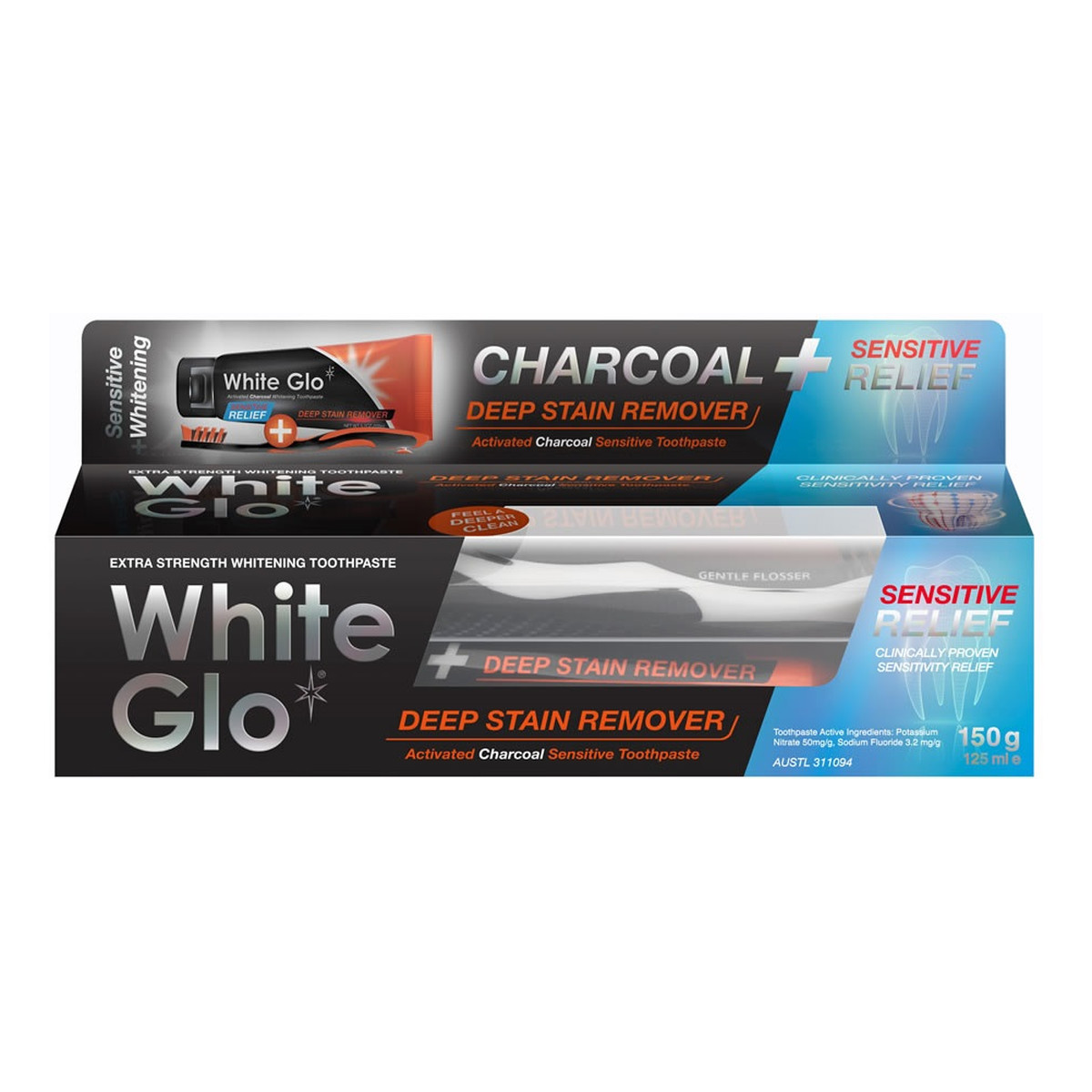 White Glo Charcoal deep stain remover sensitive relief wybielająca pasta do zębów z aktywnym węglem 125ml + szczoteczka