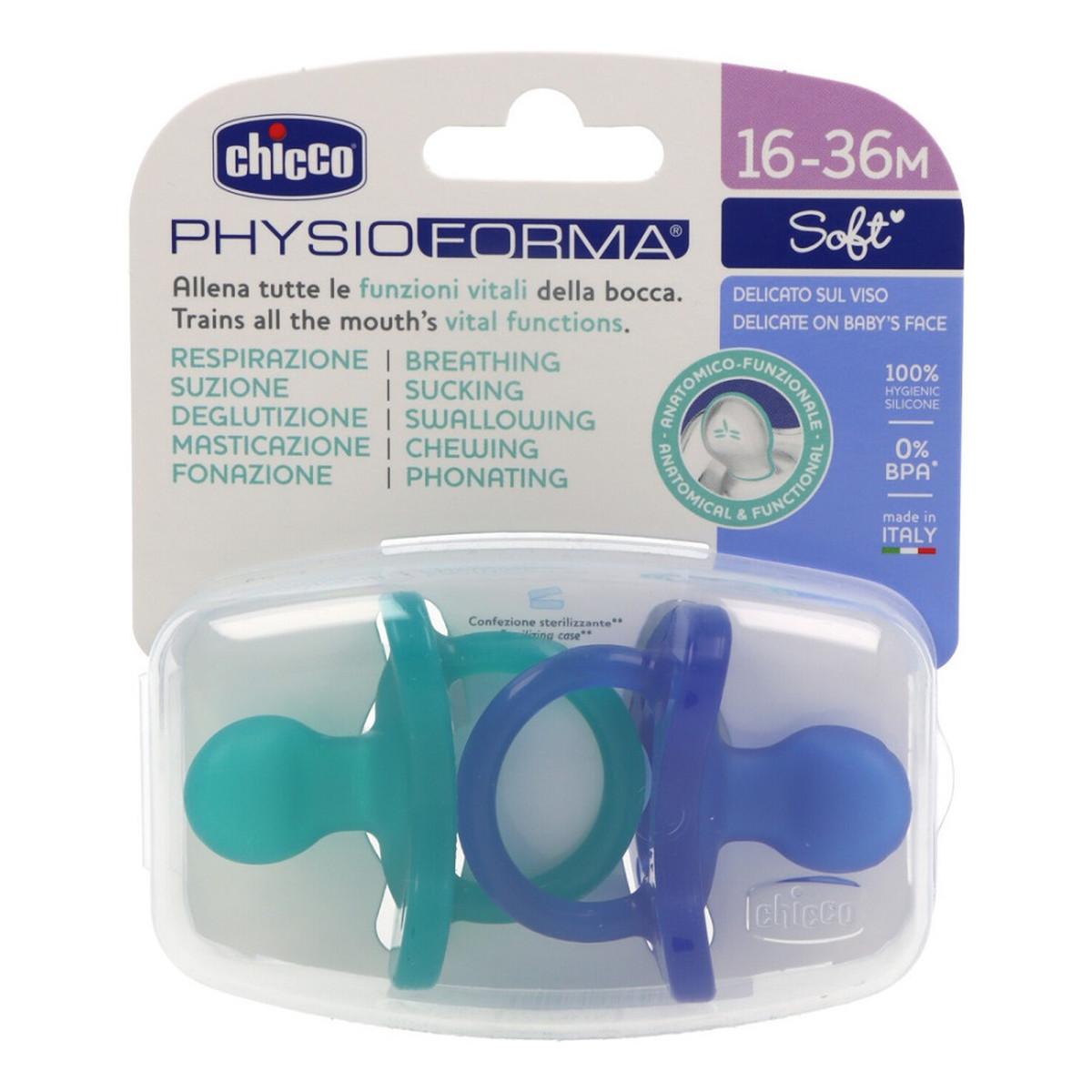 Chicco Physioforma soft smoczek silikonowy uspokajający 16-36m niebieski 2szt.