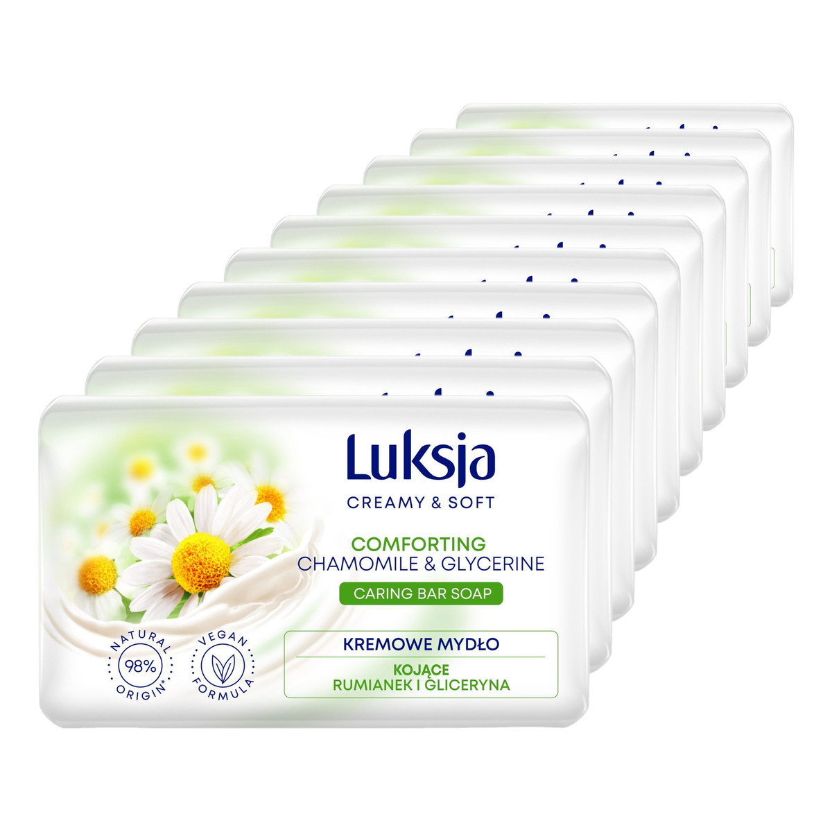 Luksja Creamy & Soft Kojące Kremowe Mydło w kostce Rumianek & Gliceryna 10x90g