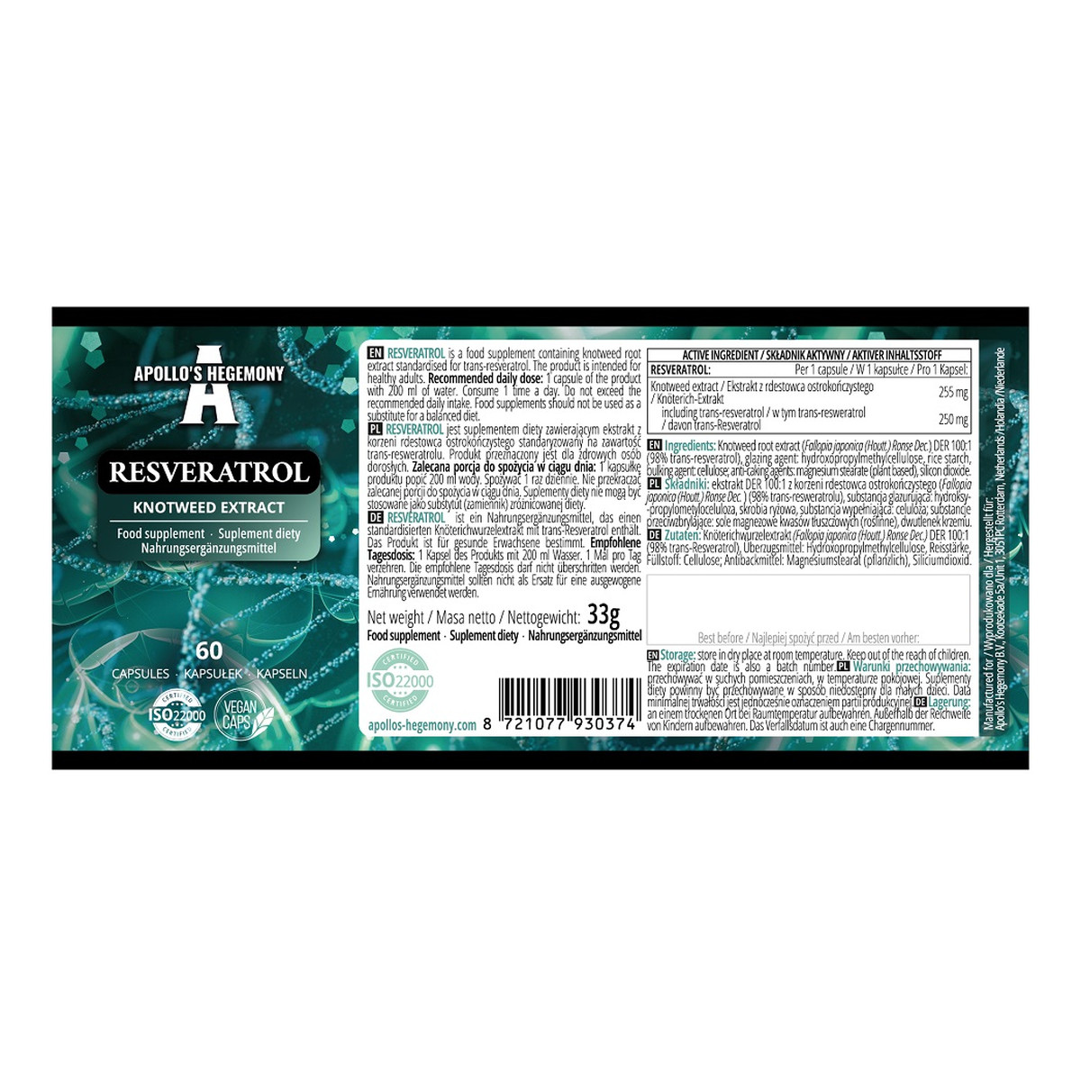 Apollo's Hegemony Resveratrol suplement diety 60 Kapsułek 250mg
