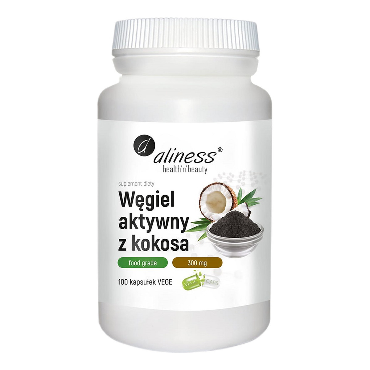 Aliness Węgiel aktywny z kokosa food grade 300mg suplement diety 100 kapsułek