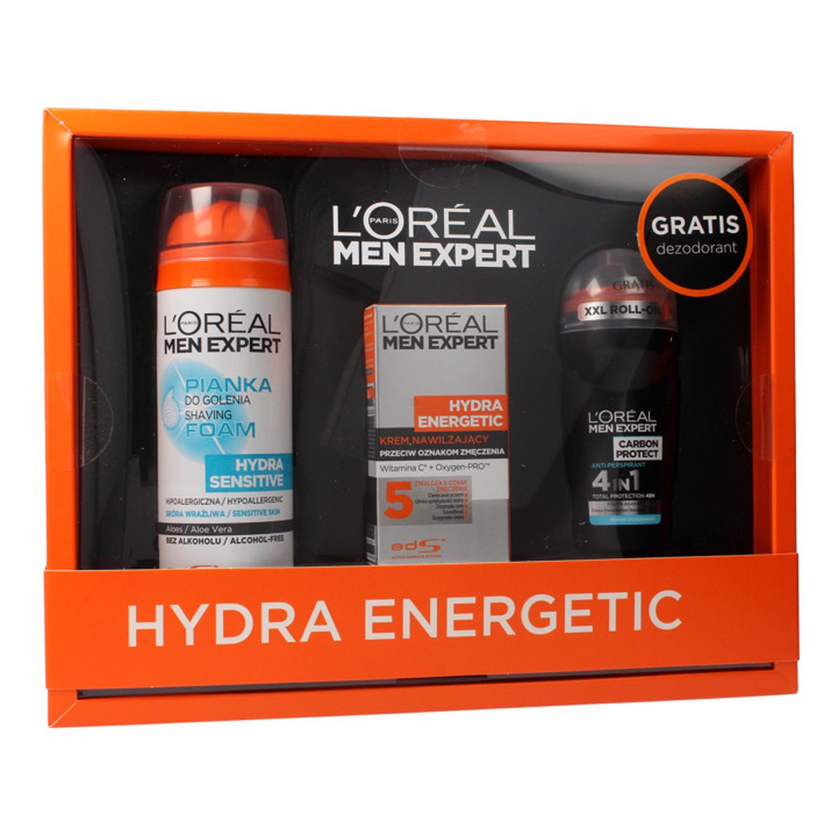 L'Oreal Paris Men Expert Hydra Energetic Zestaw prezentowy pianka do golenia + krem nawilżający + deo roll-on