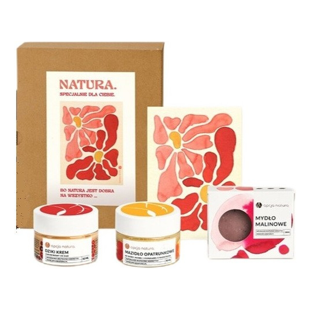 Opcja Natura Natura Zestaw mydło malinowe 100g + dziki krem żurawinowy do rąk 50ml + mazidło opatrunkowe do skóry suchej i popękanej z nagietkiem 50ml