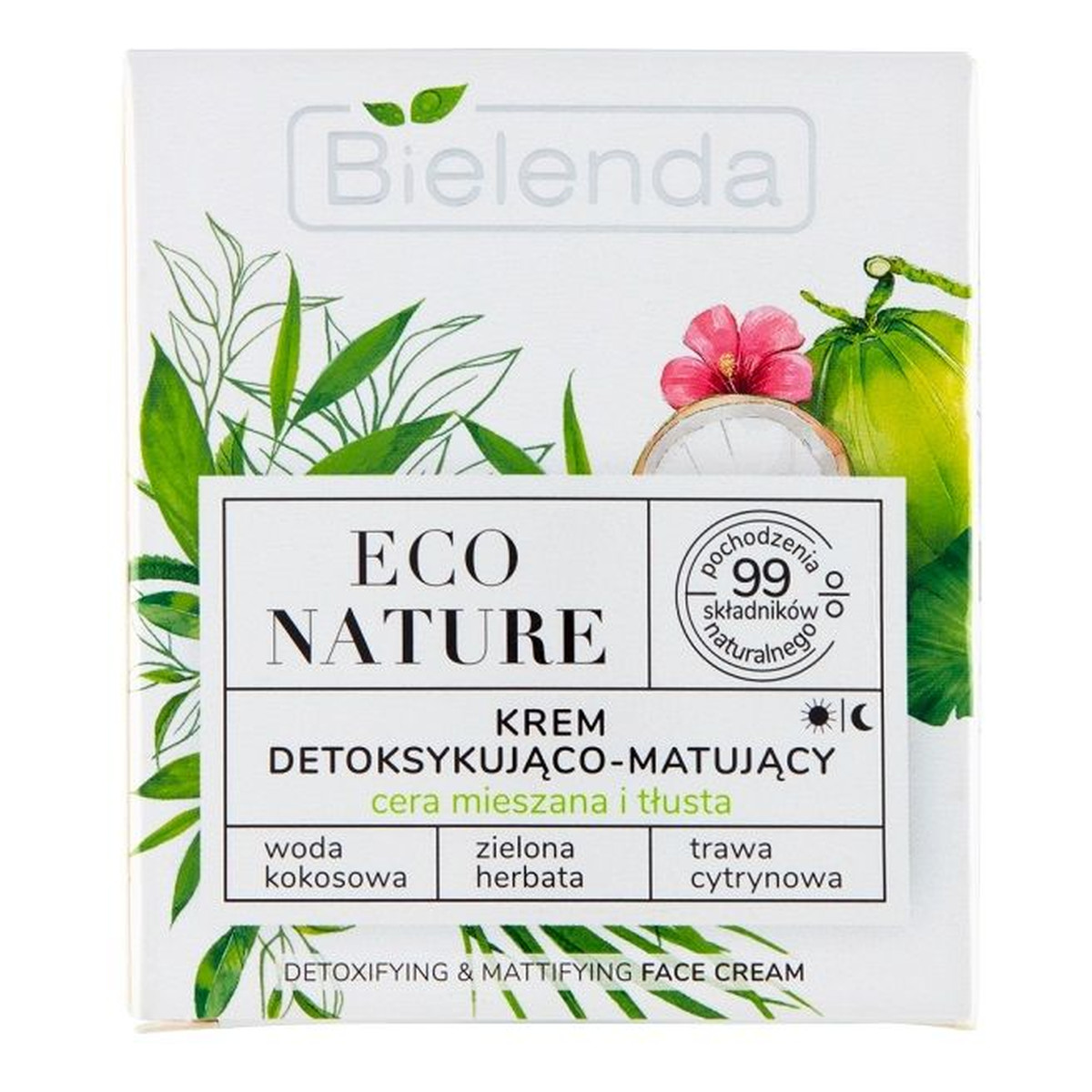Bielenda Eco Nature Krem do twarzy detoksykująco-matujący Woda kokosowa Trawa cytrynowa Zielona herbata cera mieszana i tłusta 50ml