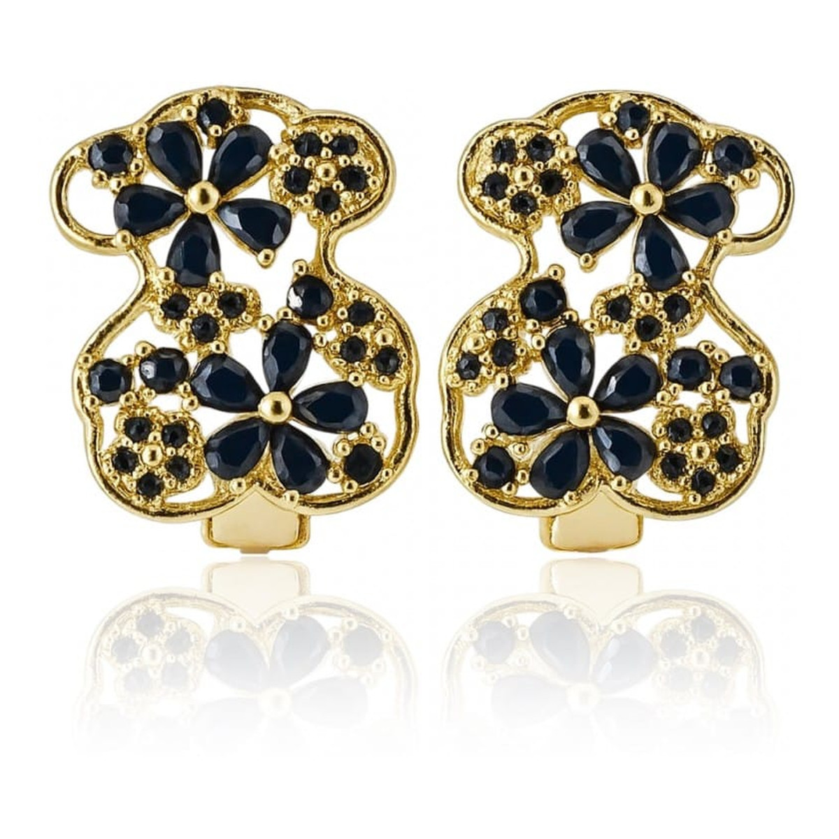 Ecarla Kolczyki Ze Stali Szlachetnej Pozłacane 14K Złotem, Miś Z Czarną Cyrkonią Kst3535