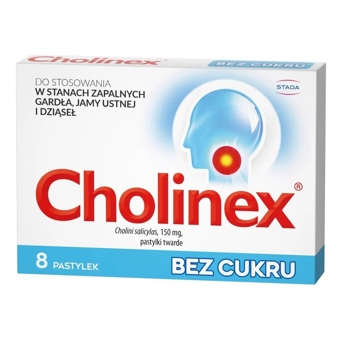 Cholinex Pastylki bez cukru do stosowania w stanach zapalnych gardła jamy ustnej i dziąseł 8szt.