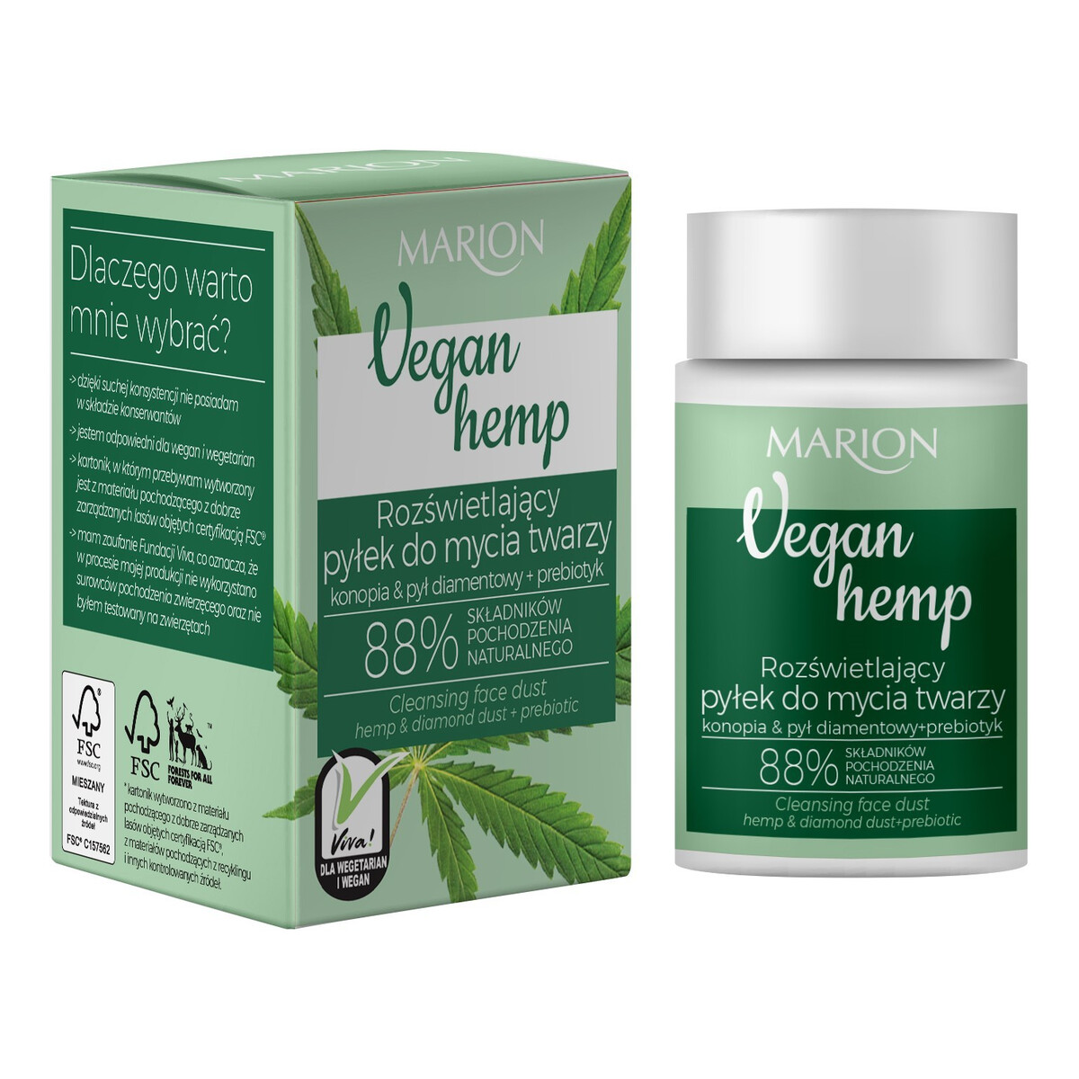 Marion Vegan Hemp Rozświetlający Pyłek do mycia twarzy Konopia & Pył diamentowy + Prebiotyk 30g