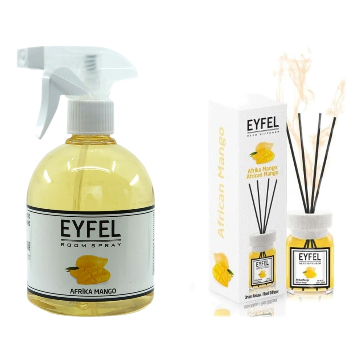 Eyfel Afrykańskie Mango Dyfuzor zapachowy z patyczkami 120ml + Odświeżacz w sprayu 500ml