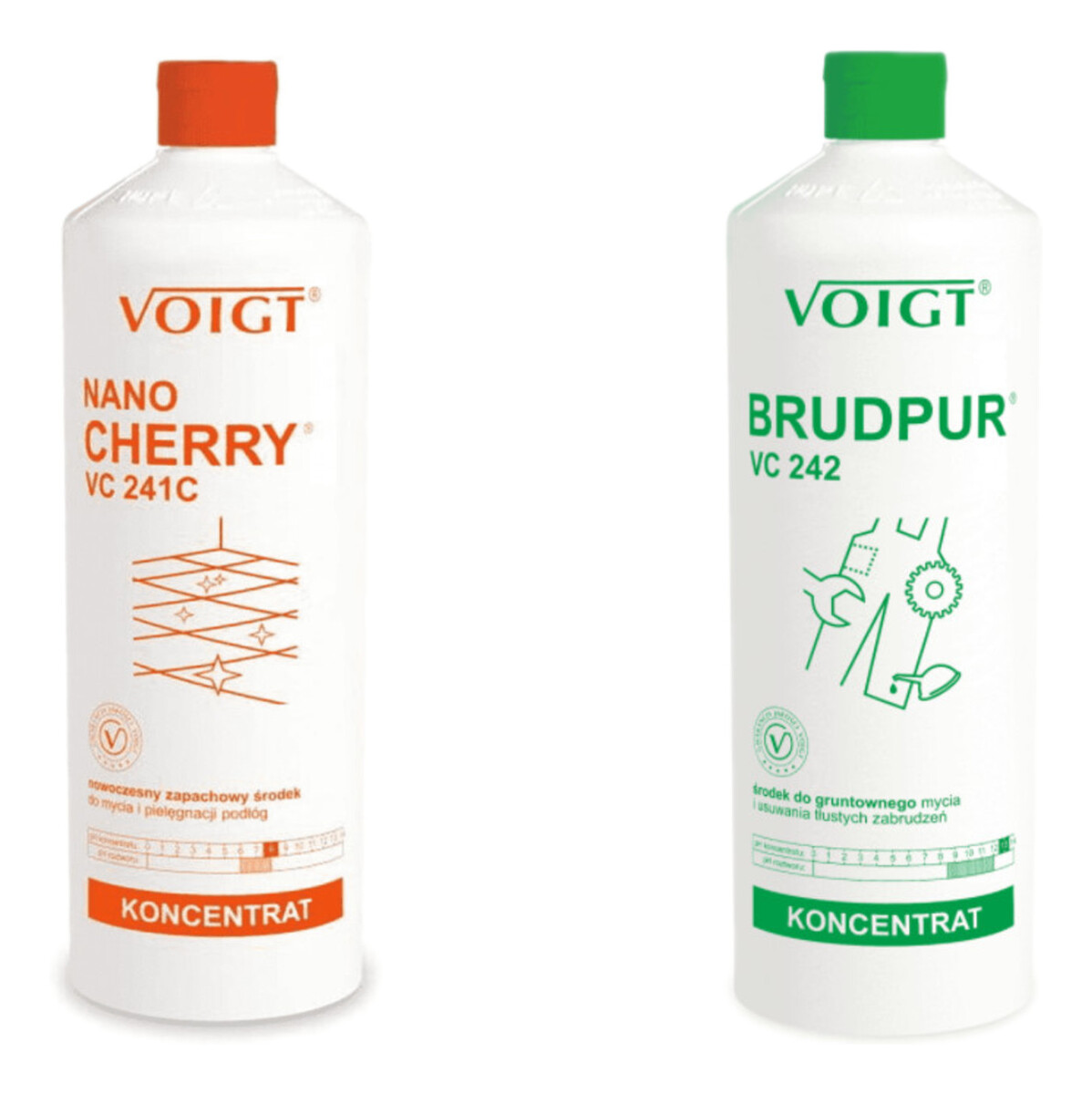 Środek Do Gruntownego Mycia I Usuwania Tłustych Zabrudzeń VC242 + Voigt Nano Cherry Nowoczesny zapachowy środek do mycia i pielęgnacji podłóg VC241C 2x1L