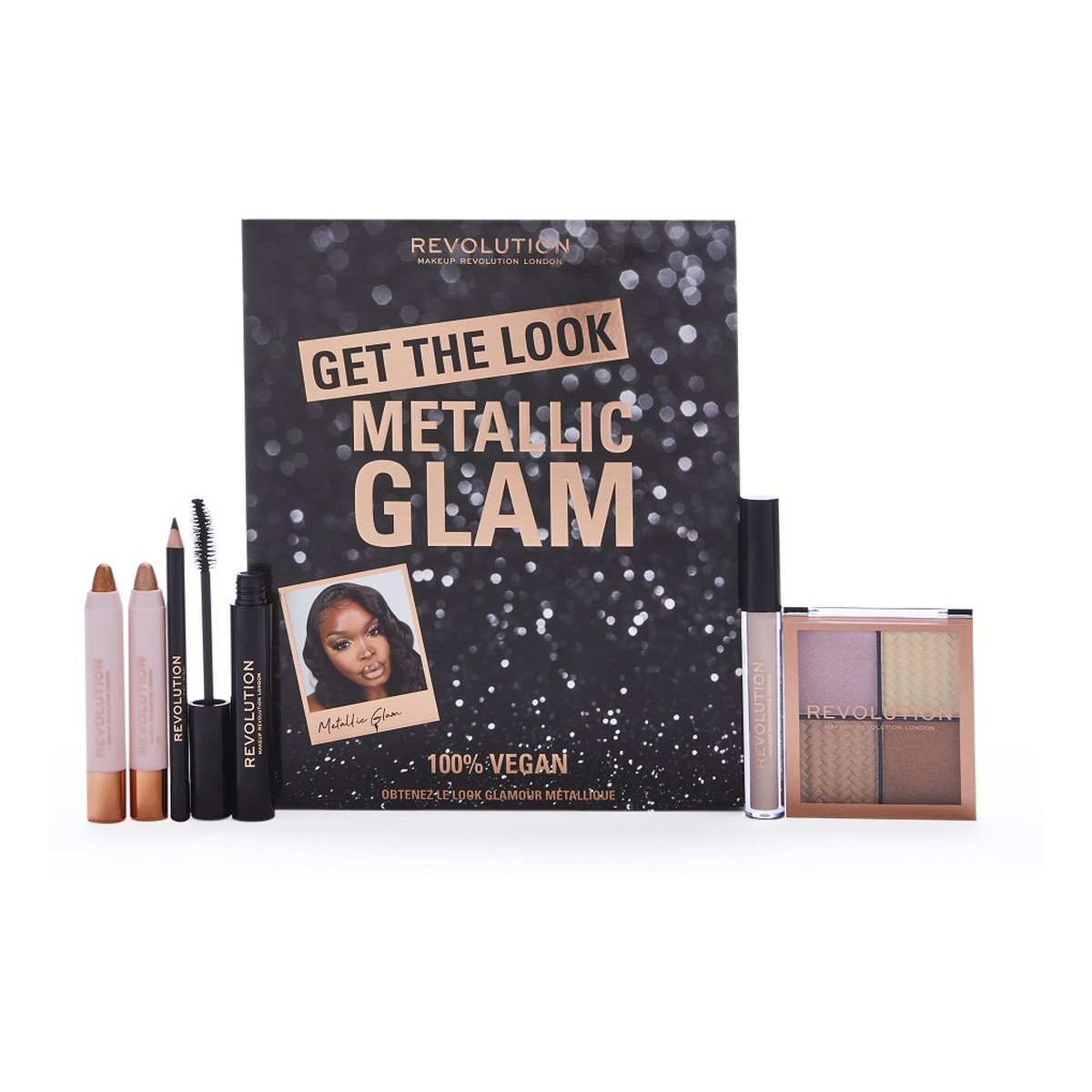 Makeup Revolution Get The Look: Metallic Glam Zestaw kosmetyków Shimmer Shadow Stick Glam + Shimmer Shadow Stick Crush + Eye Primer + Mascara Black + Khol Eyeliner Black + Highlight Quad