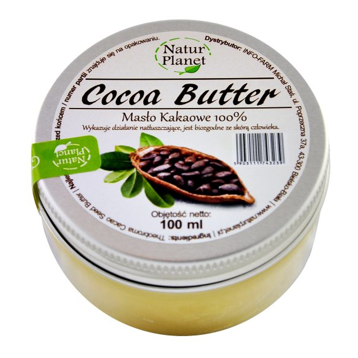 Natur Planet Masło kakaowe tloczone na zimno- mocno nawilżające i regenerujące, przyspieszające opalanie COCOA BUTTER 100ml