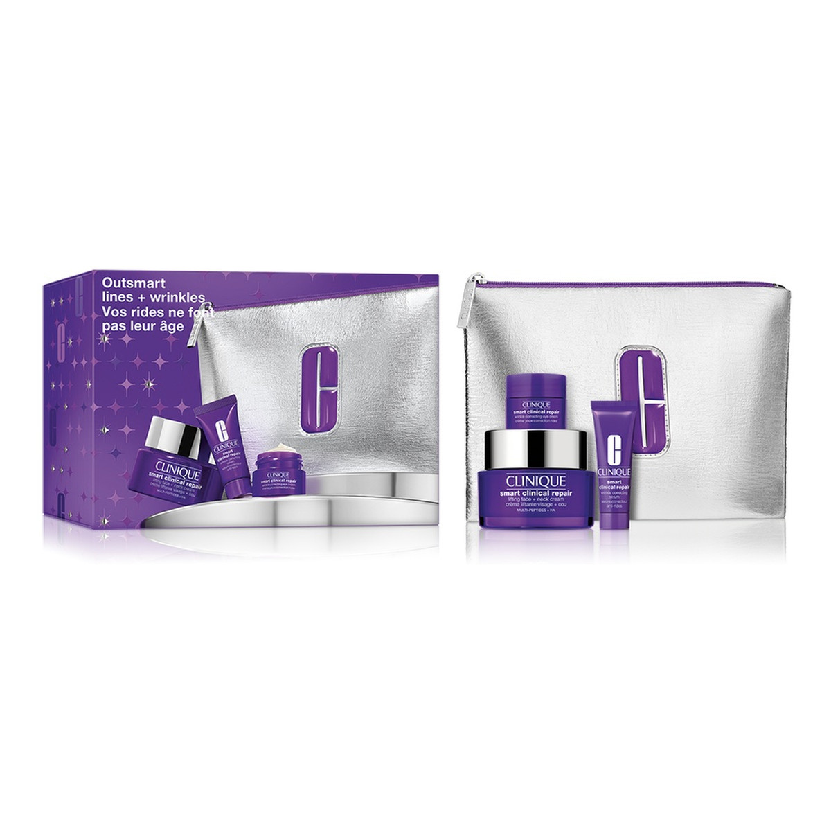 Clinique Outsmart Lines + Wrinkles Zestaw przeciwstarzeniowy krem do twarzy i na szyję 50ml + przeciwstarzeniowe serum 10ml + przeciwstarzeniowy krem pod oczy 5ml + kosmetyczka