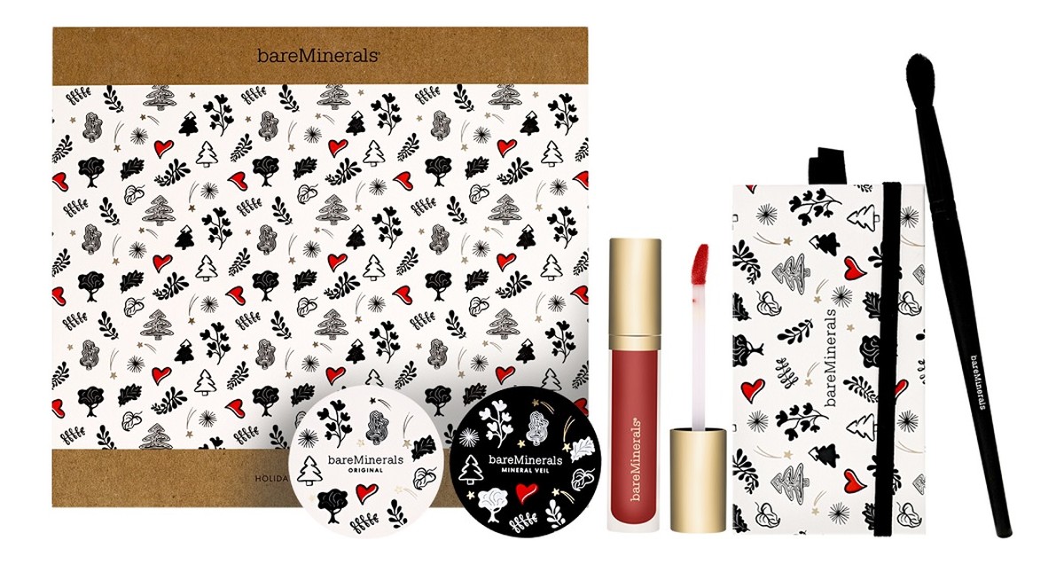 Zestaw Holiday Clean Makeup 5 Pieces Original Loose Mineral Foundation + Mineral Veil Finishing Powder + Cheek and Eye Palette + Gen Nude Creamier Lipgloss Neutral Rose + Multi-Functional Eye Brush