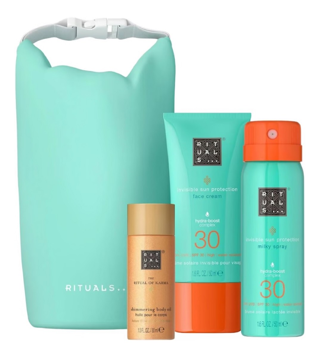 zestaw błyszczący olejek do ciała 30ml + krem do twarzy SPF30 50ml + mleczko do opalania w sprayu SPF30