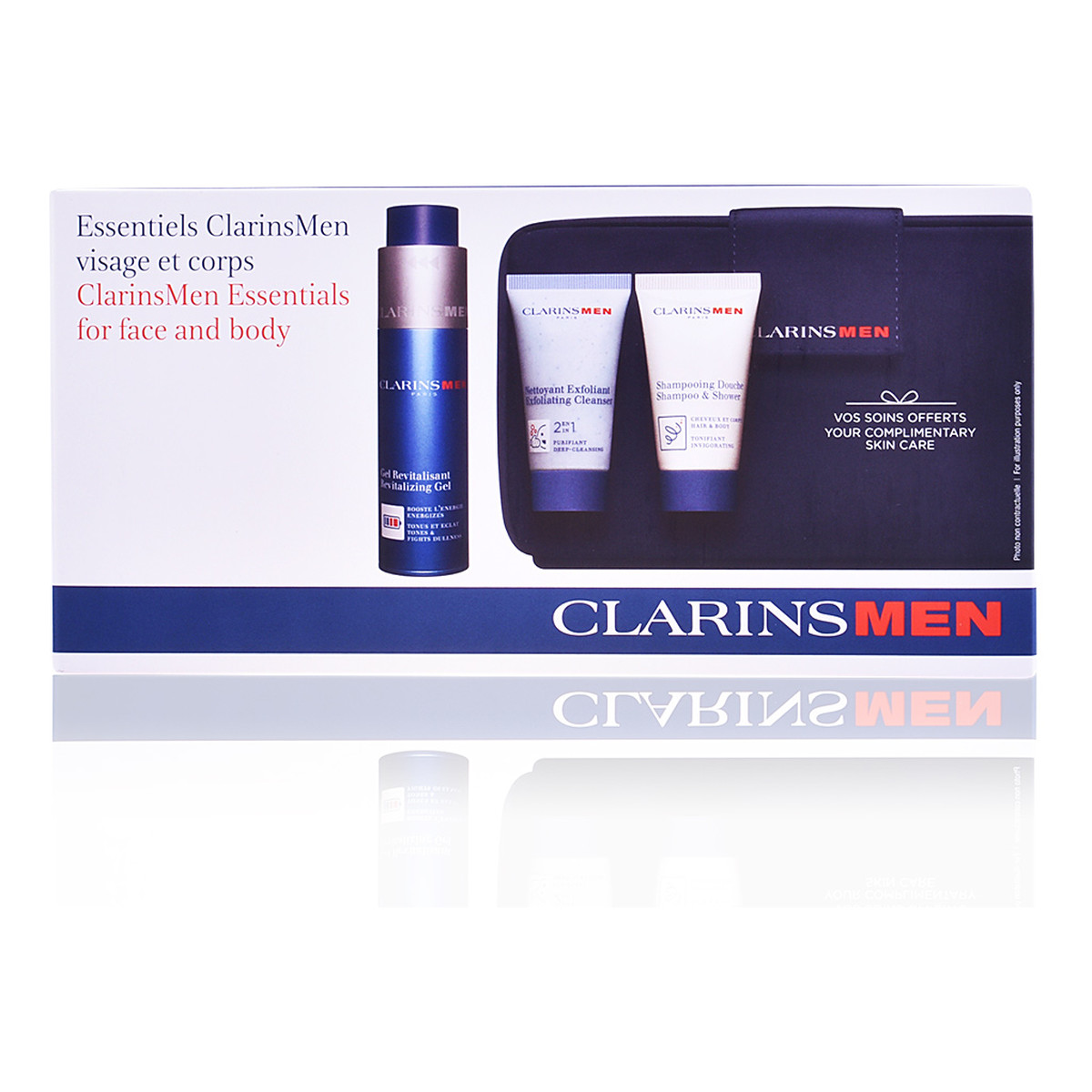 Clarins Men Revitalizing Gel 50ml + Exfoliating Cleasner 30ml + Shampoo & Shower 30ml + kosmetyczka
