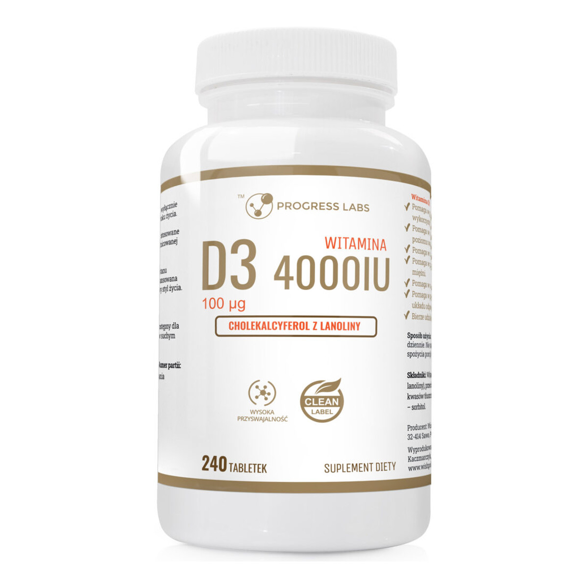 Progress Labs Witamina D3 4000 jednostek suplement diety 240 tabletek