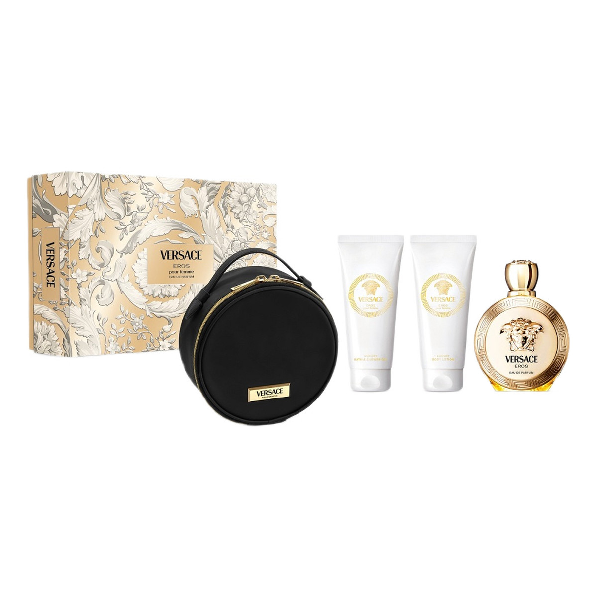 Versace Eros Pour Femme zestaw woda perfumowana spray 100ml + balsam do ciała 100ml + żel pod prysznic 100ml + kosmetyczka