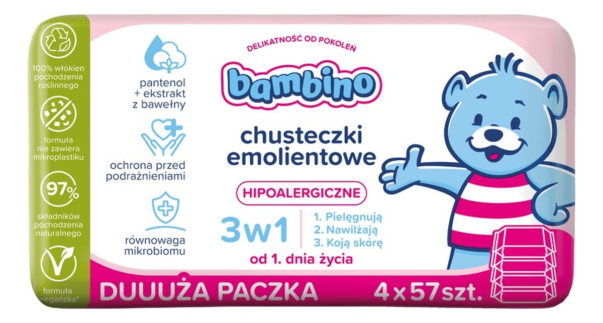 Bambino chusteczki emolientowe 3w1 hipoalergiczne 4 x 57 szt