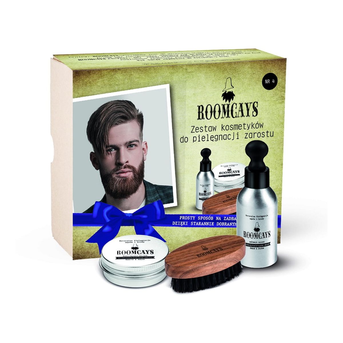 Roomcays Zestaw #4 kosmetyków dla mężczyzn olejek do brody 50ml + balsam do zarostu 30ml + szczotka do brody