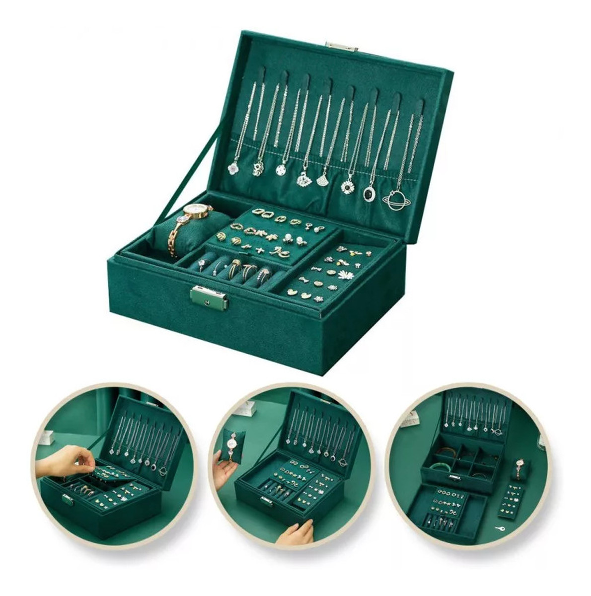 Szkatułka na biżuterię kuferek etui organizer butelkowa zieleń pudełko PD133