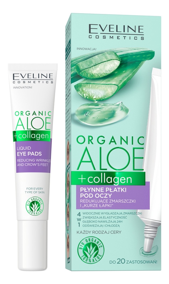 Organic aloe + collagen płynne płatki pod oczy redukujące zmarszczki i kurze łapki 4w1