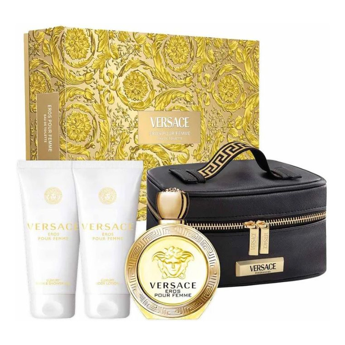 Versace Eros Pour Femme Zestaw woda toaletowa spray 100ml + balsam do ciała 100ml + żel pod prysznic 100ml + kosmetyczka